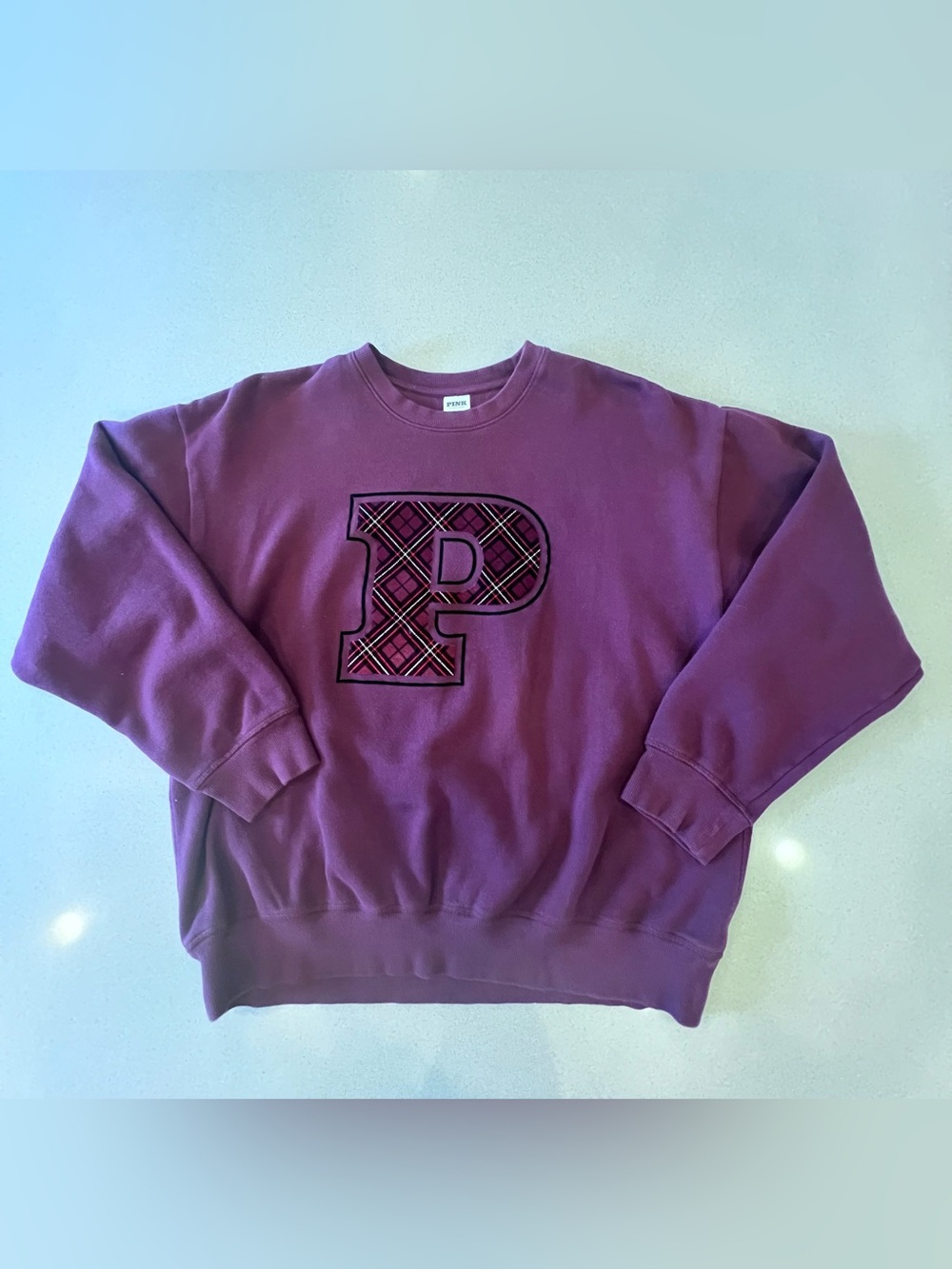 PINK Victoria's Secret Crewneck Sweatshirt Plaid 'P' Appliqué Sz Large